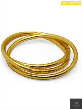 Thai Buddha Bangle Bracelet Set 3-Piece Gold Plated Stacking Waterproof